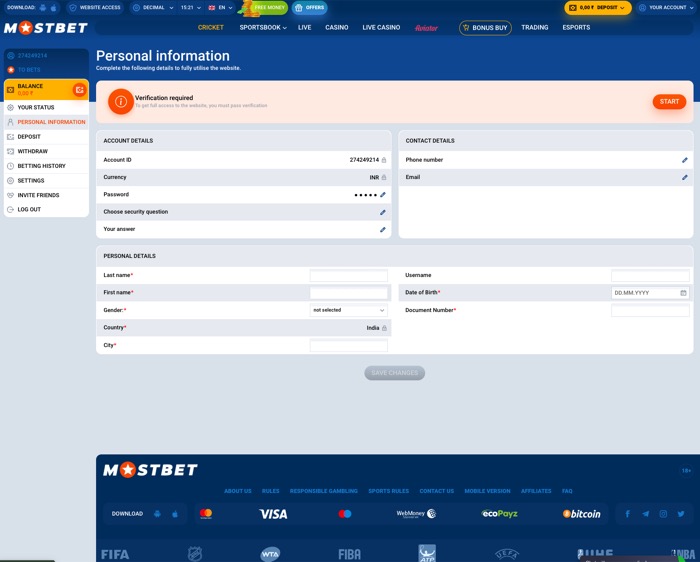 Mostbet account details and verification screen, relevant when matching payout method ownership and identity checks for same-method withdrawals