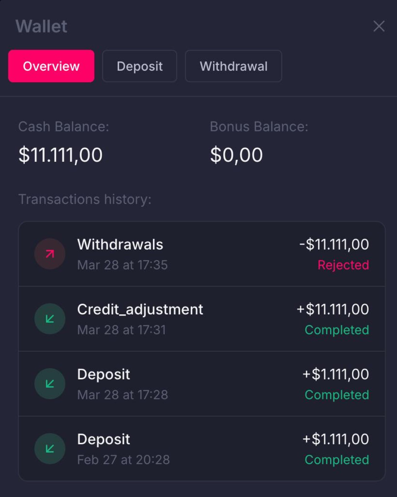 Mostbet wallet history showing withdrawal entries with status labels like Completed and Rejected, useful for tracking payout progress