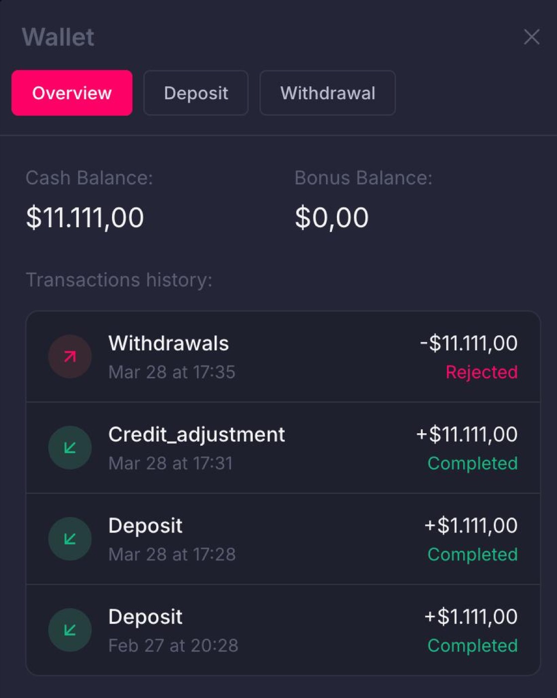 Mostbet wallet overview showing deposit and withdrawal entries together before you open a single payout for detailed status tracking